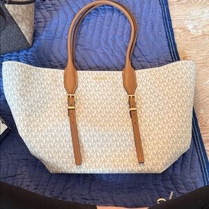 Michael Kors Cream Monogram Tote with Tan Leather Straps